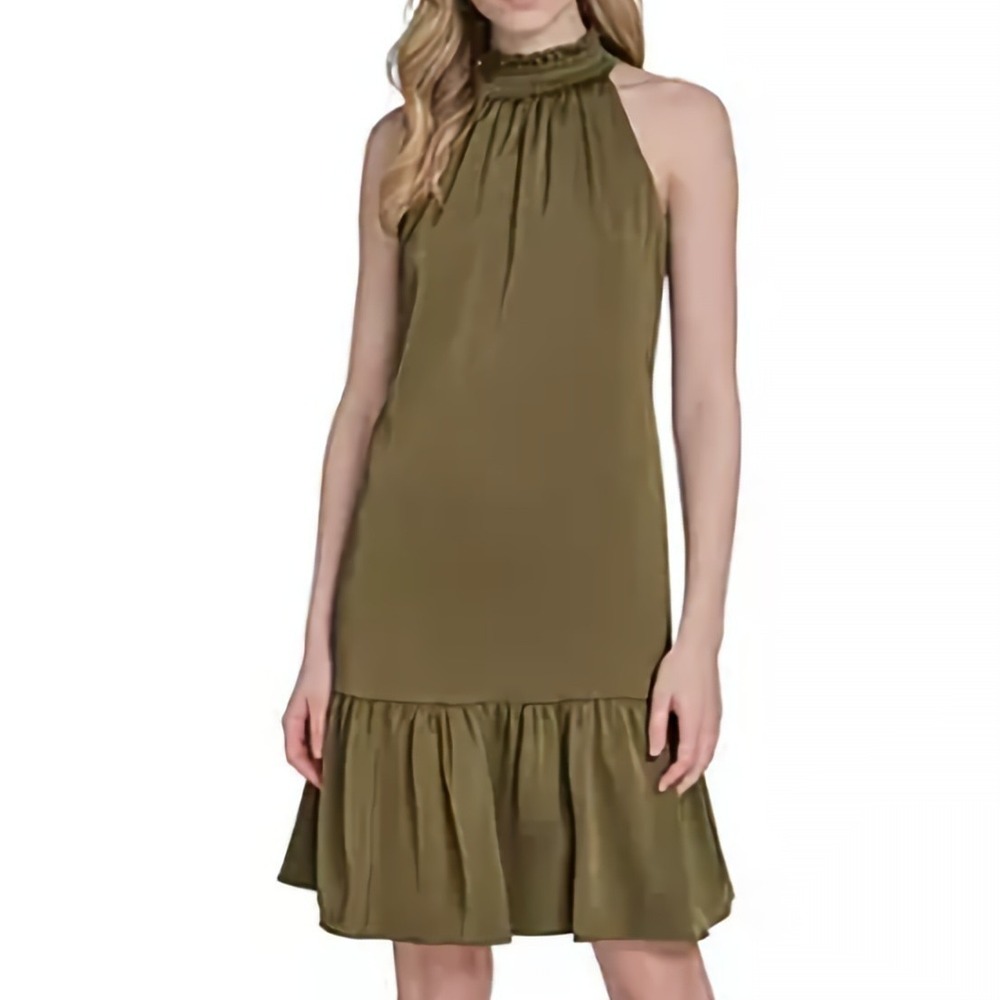 Vince Camuto Satin Ruffled A Line Halter Sleeveless Green Dress Womens Size 6